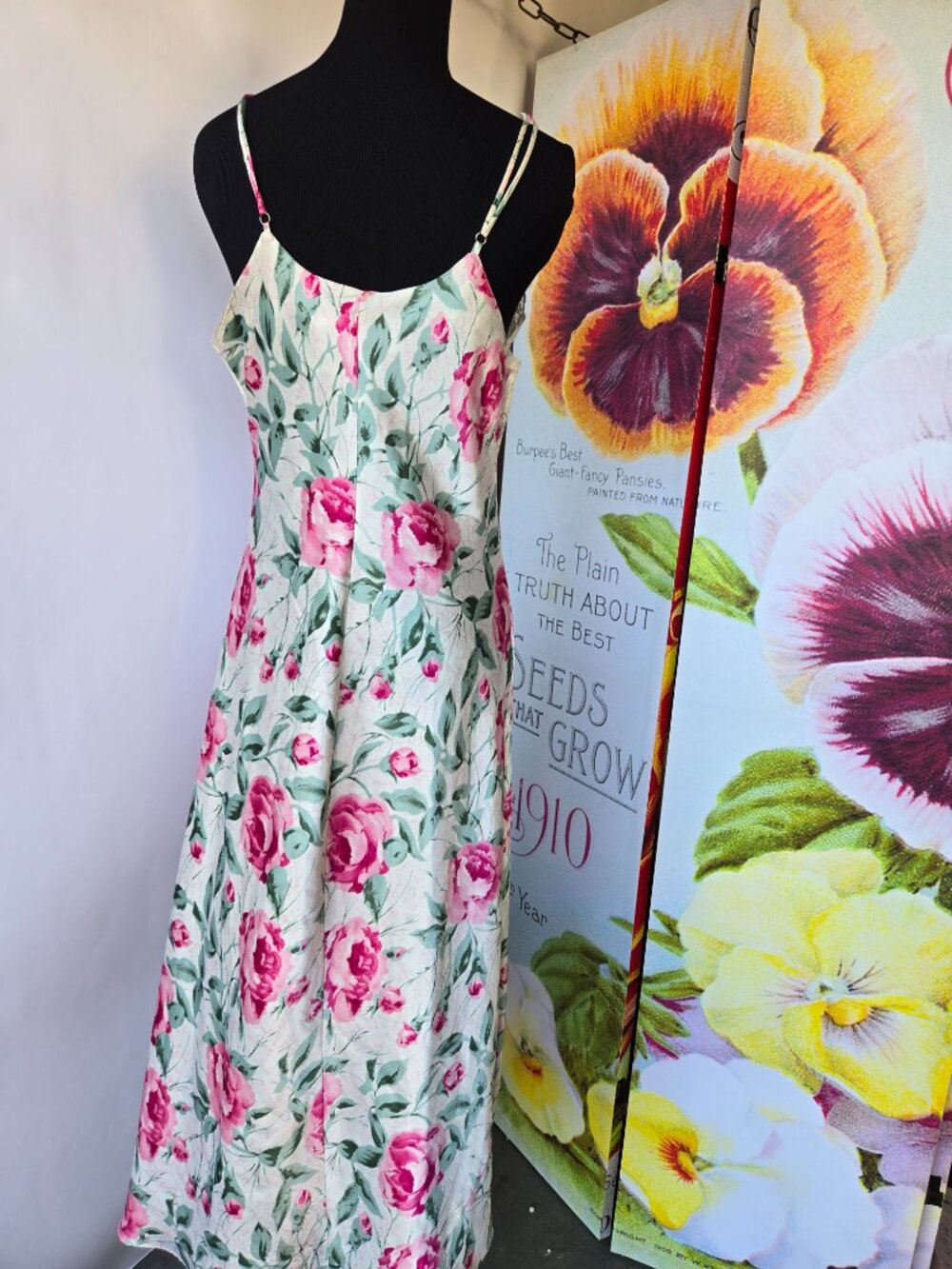 Vintage 90s Satin Rose Print Slip Dress Nightgown Maxi Fairycore Romantic Ballet - Picture 8 of 11